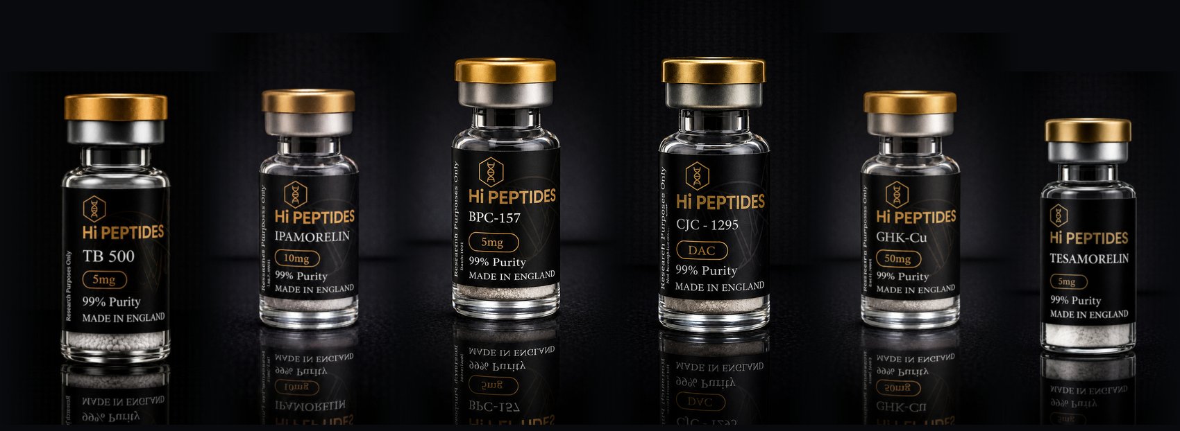 The research peptide range: TB-500, Ipamorelin, BPC-157, CJC-1295 DAC, GHK-Cu and Tesamorelin vials